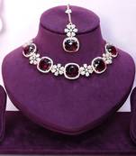 Maroon rose gold premium designer american diamond and stone work necklace set