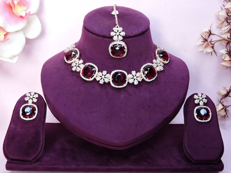 Maroon rose gold premium designer american diamond and stone work necklace set