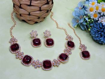 Maroon rose gold premium designer american diamond and stone work necklace set 2