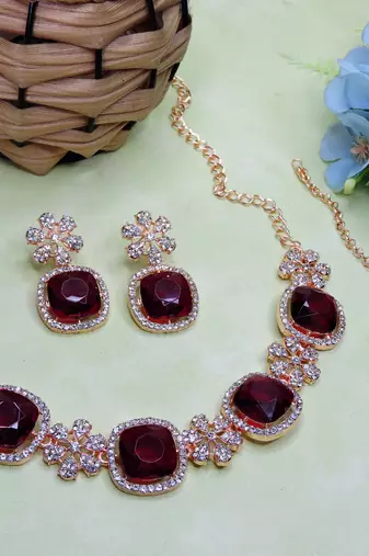 Maroon rose gold premium designer american diamond and stone work necklace set