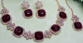 Maroon rose gold premium designer american diamond and stone work necklace set 3