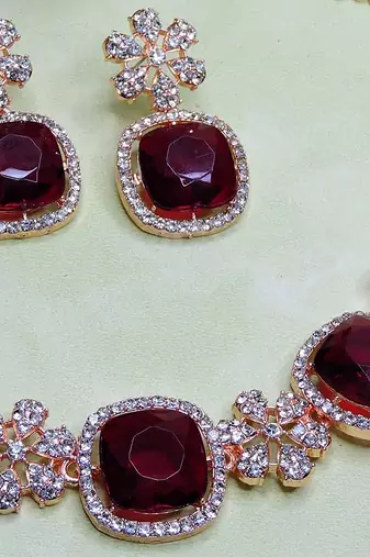 Maroon rose gold premium designer american diamond and stone work necklace set
