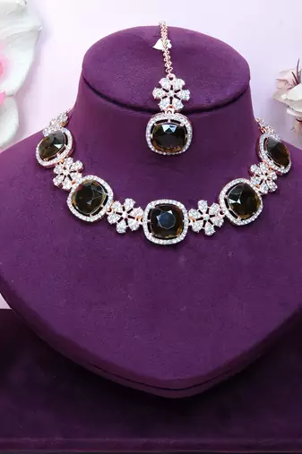 Green rose gold premium designer american diamond and stone work necklace set