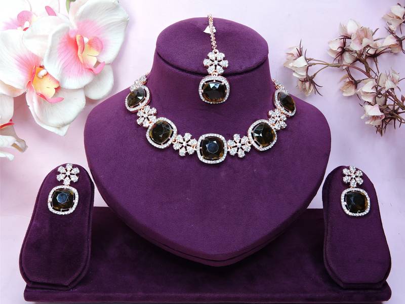 Green rose gold premium designer american diamond and stone work necklace set