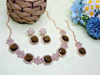 Green rose gold premium designer american diamond and stone work necklace set 2