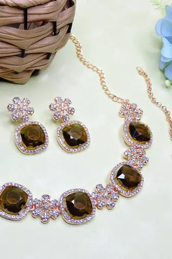 Green rose gold premium designer american diamond and stone work necklace set