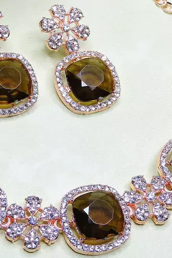 Green rose gold premium designer american diamond and stone work necklace set