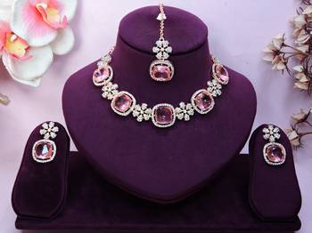 Pink rose gold premium designer american diamond and stone work necklace set 1