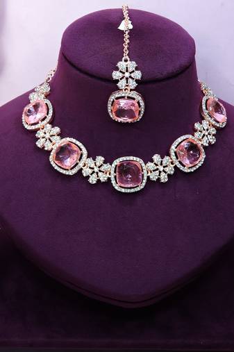 Pink rose gold premium designer american diamond and stone work necklace set