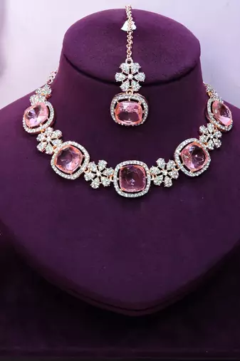 Pink rose gold premium designer american diamond and stone work necklace set