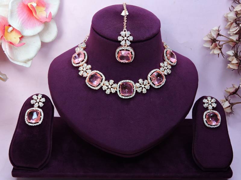 Pink rose gold premium designer american diamond and stone work necklace set