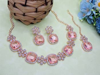 Pink rose gold premium designer american diamond and stone work necklace set 2