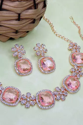 Pink rose gold premium designer american diamond and stone work necklace set