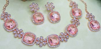 Pink rose gold premium designer american diamond and stone work necklace set 3