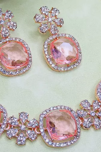 Pink rose gold premium designer american diamond and stone work necklace set