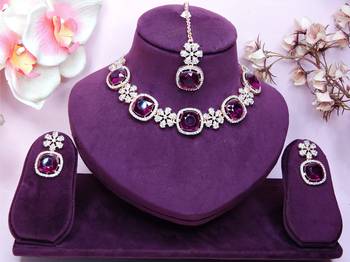 Purple rose gold premium designer american diamond and stone work necklace set 1