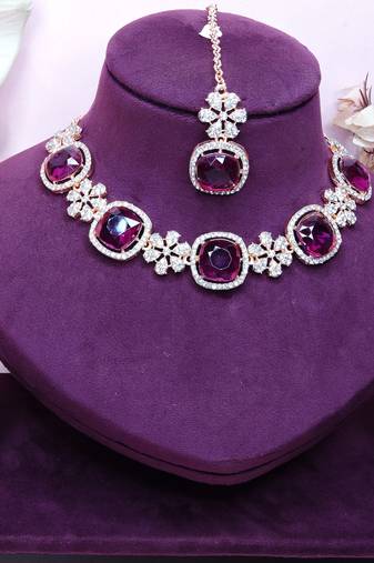 Purple rose gold premium designer american diamond and stone work necklace set