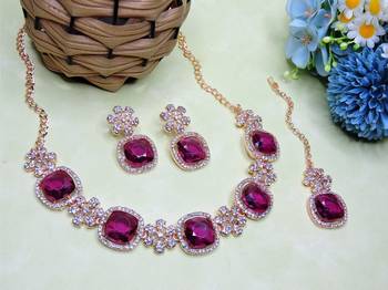 Purple rose gold premium designer american diamond and stone work necklace set 2