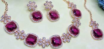 Purple rose gold premium designer american diamond and stone work necklace set 3