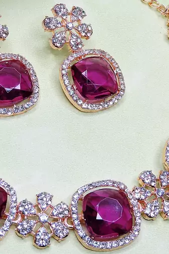 Purple rose gold premium designer american diamond and stone work necklace set