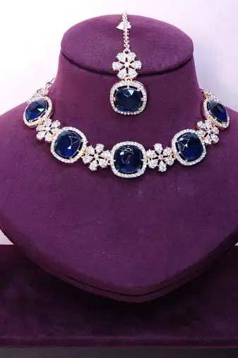 Blue rose gold premium designer american diamond and stone work necklace set