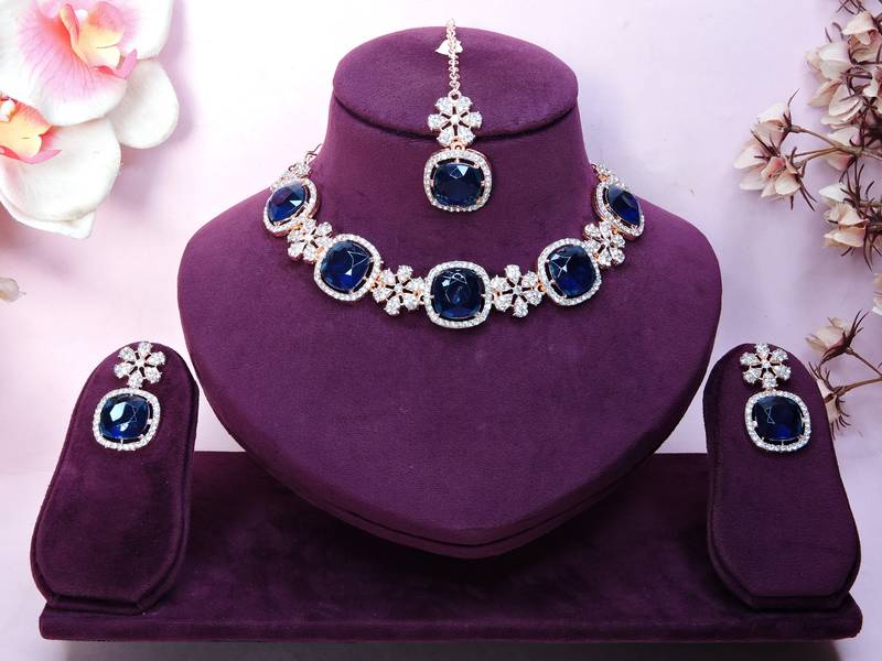 Blue rose gold premium designer american diamond and stone work necklace set