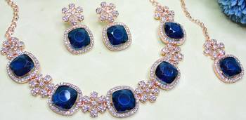 Blue rose gold premium designer american diamond and stone work necklace set 3