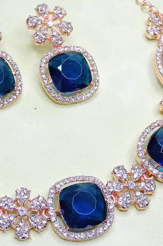 Blue rose gold premium designer american diamond and stone work necklace set