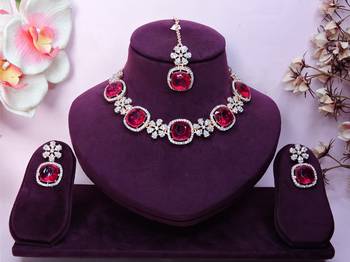 Pink rose gold premium designer american diamond and stone work necklace set 1