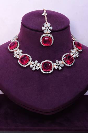 Pink rose gold premium designer american diamond and stone work necklace set