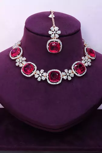 Pink rose gold premium designer american diamond and stone work necklace set