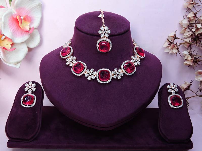 Pink rose gold premium designer american diamond and stone work necklace set