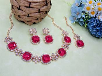 Pink rose gold premium designer american diamond and stone work necklace set 2