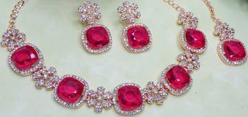 Pink rose gold premium designer american diamond and stone work necklace set 3