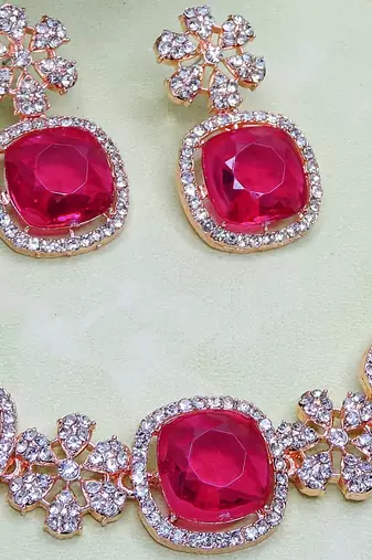 Pink rose gold premium designer american diamond and stone work necklace set