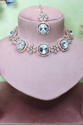 White rose gold premium designer american diamond and stone work necklace set
