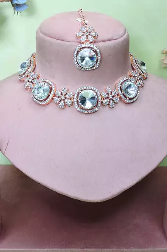 White rose gold premium designer american diamond and stone work necklace set