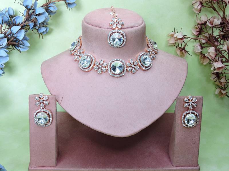 White rose gold premium designer american diamond and stone work necklace set