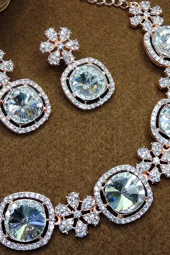 White rose gold premium designer american diamond and stone work necklace set