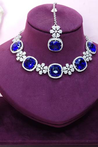 Blue rhodium premium designer american diamond and stone work necklace set