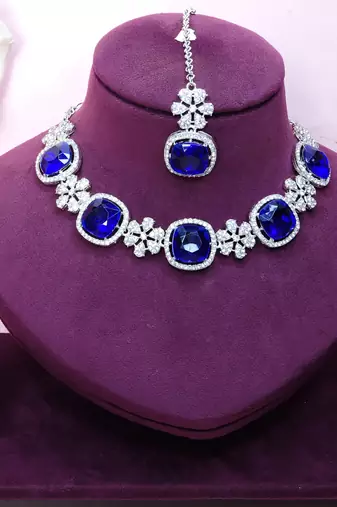 Blue rhodium premium designer american diamond and stone work necklace set