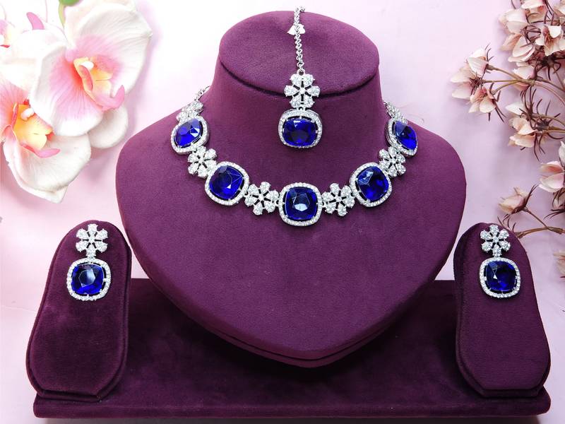 Blue rhodium premium designer american diamond and stone work necklace set
