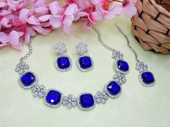 Blue rhodium premium designer american diamond and stone work necklace set 2