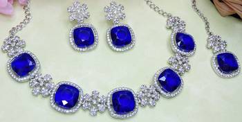 Blue rhodium premium designer american diamond and stone work necklace set 3