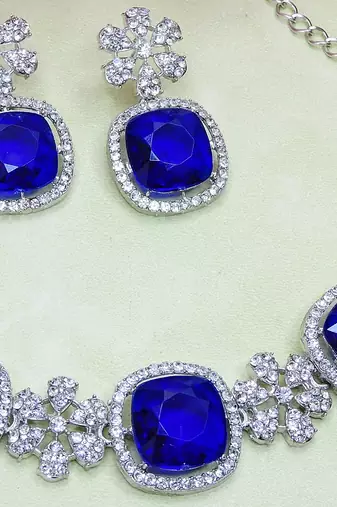 Blue rhodium premium designer american diamond and stone work necklace set