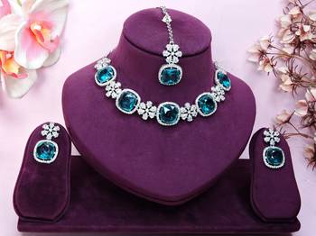 Green rhodium premium designer american diamond and stone work necklace set 1