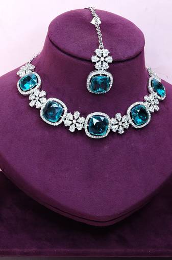 Green rhodium premium designer american diamond and stone work necklace set