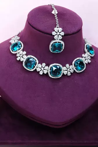 Green rhodium premium designer american diamond and stone work necklace set