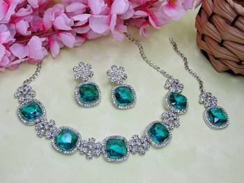 Green rhodium premium designer american diamond and stone work necklace set 2