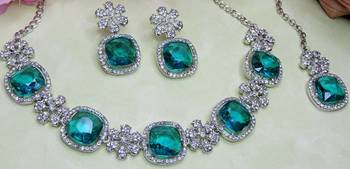 Green rhodium premium designer american diamond and stone work necklace set 3